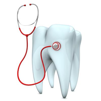 A cartoon tooth wearing a stethoscope